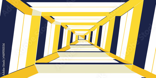 Perspective view of a tunnel with yellow and dark blue vertical stripes and beige horizontal lines
