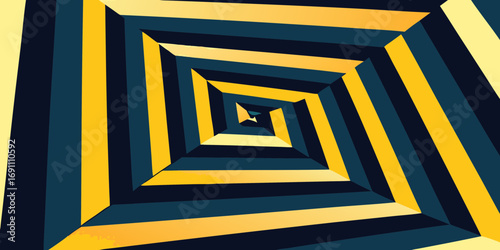 Abstract perspective view of a receding tunnel with yellow and dark blue square shapes forming a spiral