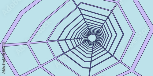 Perspective view of a stylized spiderweb with light blue background and purple lines creating the web
