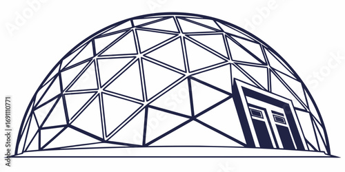 Illustration of a geodesic dome structure with triangular panels and a rectangular entrance on a white backdrop