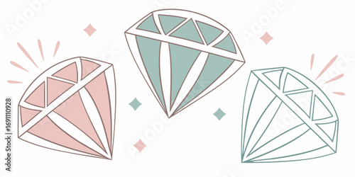 Illustration of three pastel colored diamonds with small diamond accents scattered around them neatly