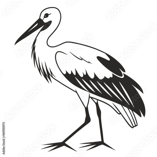 Elegant Stork Bird Minimalist Black and White Illustration.