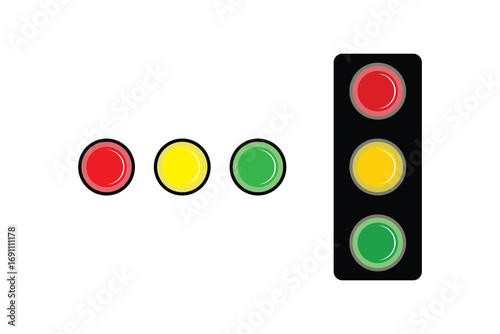 Set of isolated traffic light illustrations showing red, yellow, and green signals for road control and safety concepts