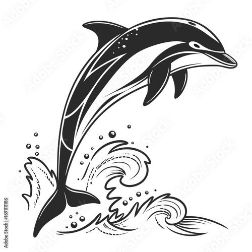 Jumping Dolphin Illustration with Waves and Bubbles.