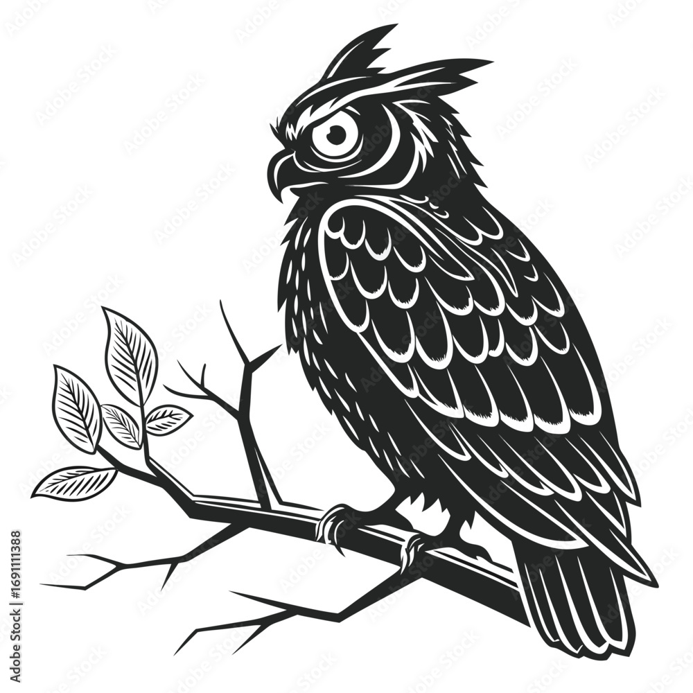 Obraz premium Majestic Owl Perched on Branch Vector Illustration.