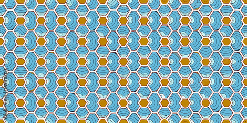 Pattern of blue and white waves inside hexagons with brown hexagon centers in a repeating arrangement