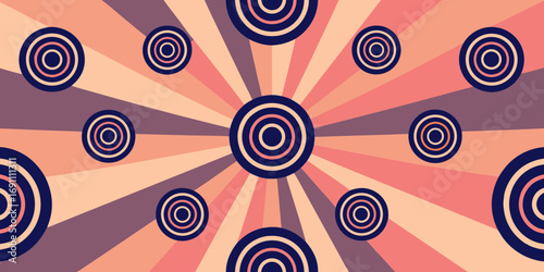 Retro style background with radial lines and concentric circles in peach and dark blue color palette design