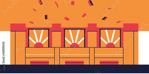 Geometric illustration of a building facade with sunburst windows and falling confetti design elements