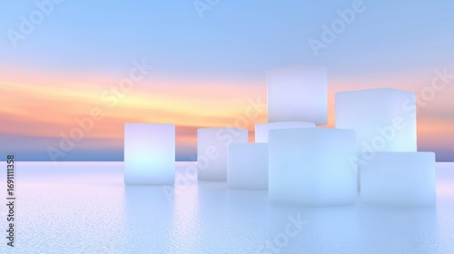A digital rendering of a futuristic cityscape at sunset.