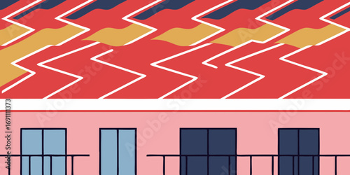 Illustration of a building facade with balconies and a patterned roof in a colorful and abstract style