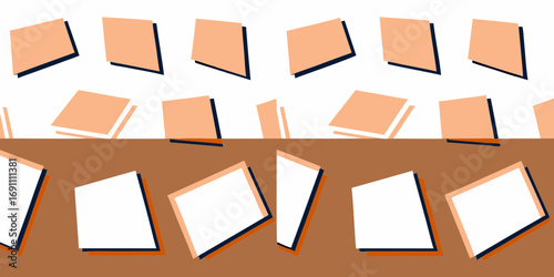 Aesthetic background with peach and white squares arranged in a repeating pattern on brown and white space