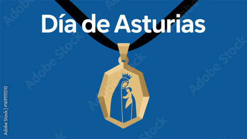 Día de Asturias Celebration with Religious Medal of Virgin and Child on Blue Background
