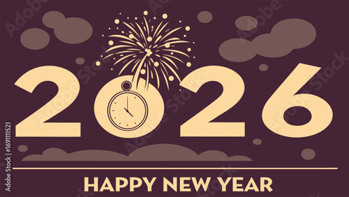 Happy new year 2026 celebration with fireworks and clock festive greeting