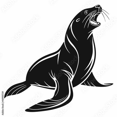 Roaring Sea Lion Black and White Illustration.