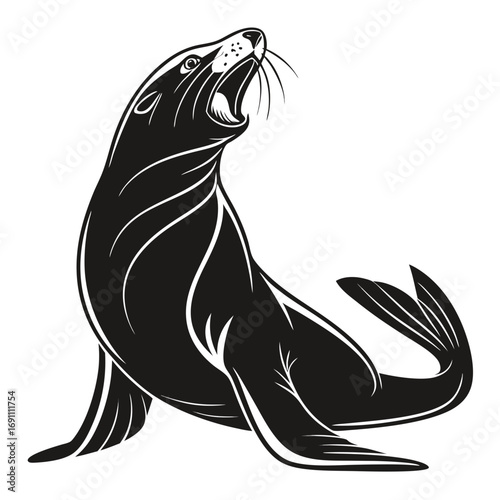 Roaring Sea Lion Black and White Vector Illustration.