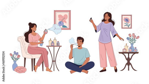 Three people two women and one man are gathered around a table with cosmetics and skincare products displayed suggesting a beauty consultation or product demonstration
