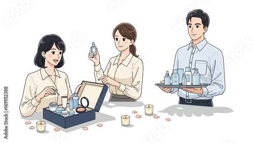 Woman in pink robe applying makeup at vanity table while a friend in blue robe offers a tray of beauty products and skincare items