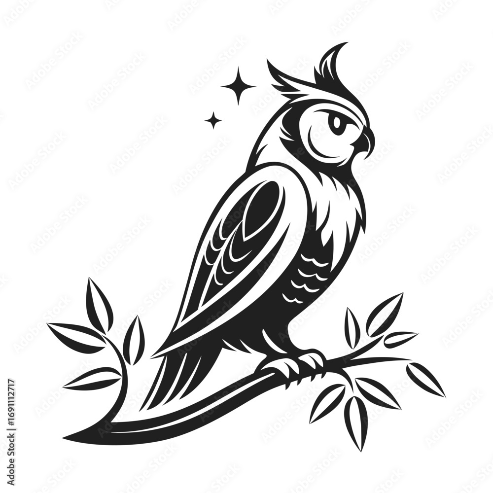Obraz premium Stylized Owl Perched on Branch Illustration.