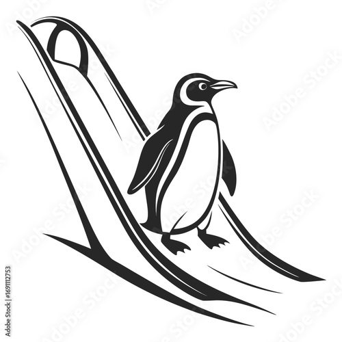 Stylized Penguin Sliding Down Winter Slope Illustration.