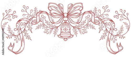 Hand drawn vector christmas frame with christmas bell, christmas ball, holly berry