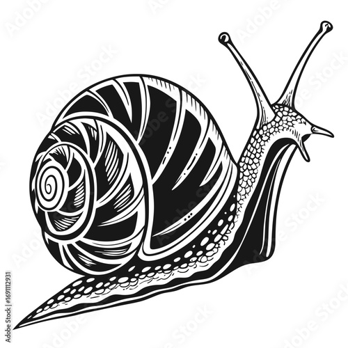 Stylized Snail Black and White Illustration.