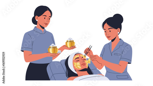 Three female scientists in white lab coats examining cosmetic products and skin anatomy models for skincare research and development