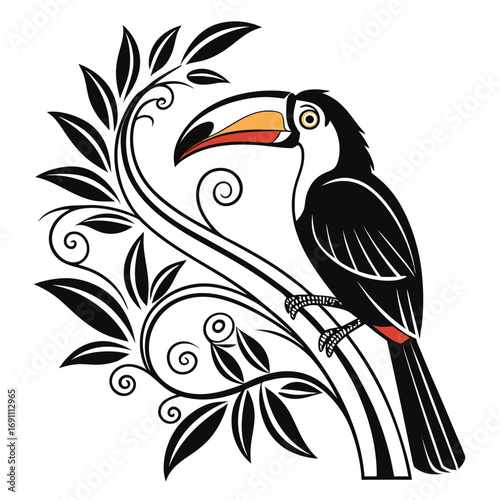Stylized Toucan Bird Perched on Tropical Branch Vector Illustration.
