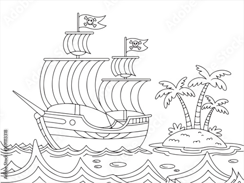 Black and white illustration of a pirate ship sailing toward a tropical island with skull flags