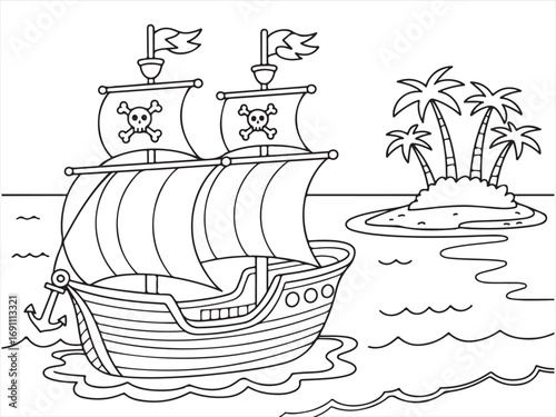 A black and white line art drawing of a pirate ship with skull and crossbones sails sailing on the sea, with an island and palm trees in the background, ideal for adventure or pirate-themed content.