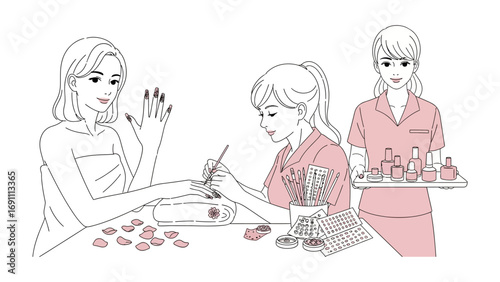 A woman in a pink robe receives a manicure from a beautician in a blue robe while another woman in a yellow robe holds a tray of nail polish bottles