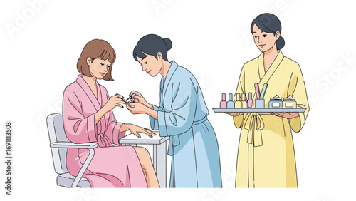 A woman receives a facial treatment from a therapist while another therapist holds a tray of spa products in a serene beauty salon setting