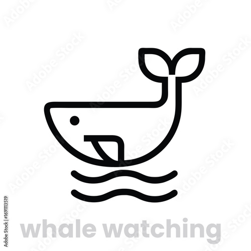 whale watching Vector icon vector art of a minimalist line art illustration of a whale emerging from the water, , showcasing its distinctive tail flukes and streamlined body in a simple, elegant desig