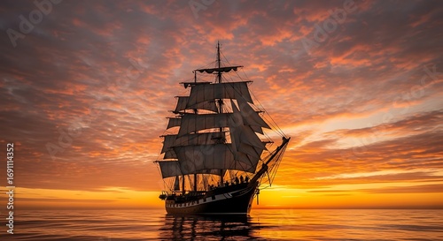 Majestic tall ship sailing on calm seas during a breathtakingly vibrant ocean sunset