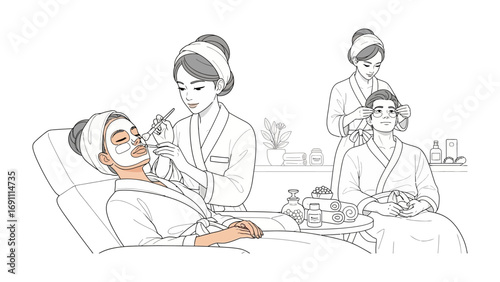 Young woman getting her hair styled and blow dried by a professional hairdresser in a salon setting with tools on a table