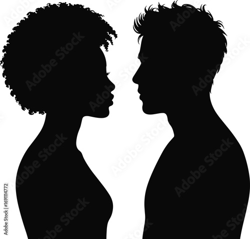 Black silhouette profile of a woman with curly hair facing a man couple