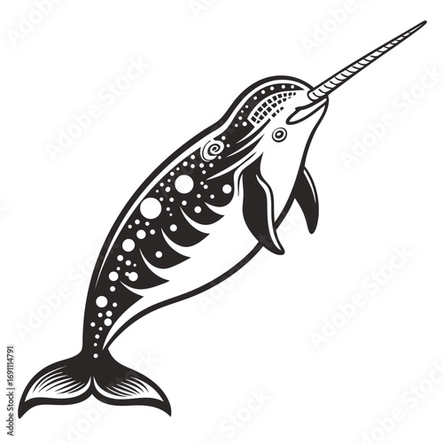 Stylized black and white narwhal with decorative patterns and a long tusk