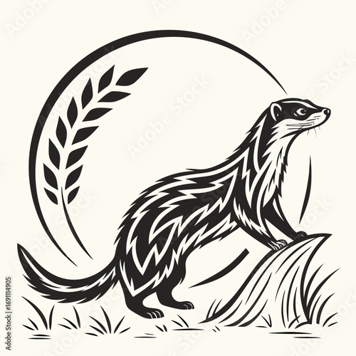 Stylized black and white illustration of a ferret or weasel in nature