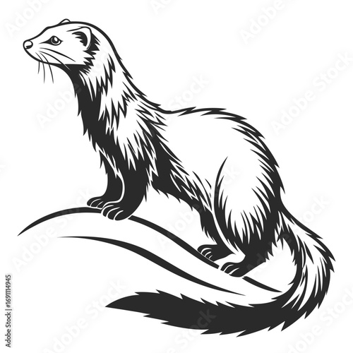 Stylized black and white illustration of a ferret standing on a branch