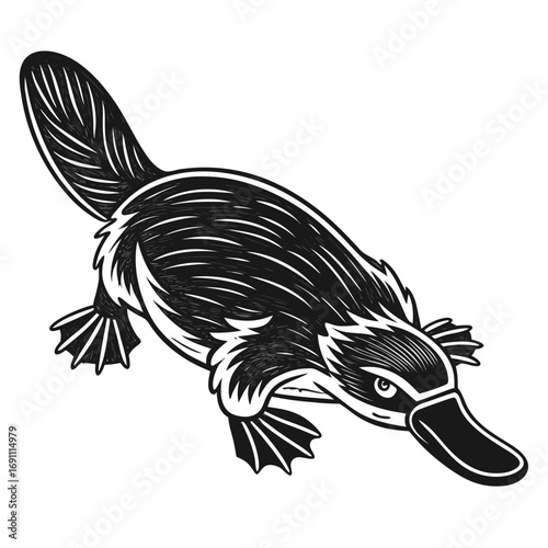 Stylized black and white illustration of a platypus