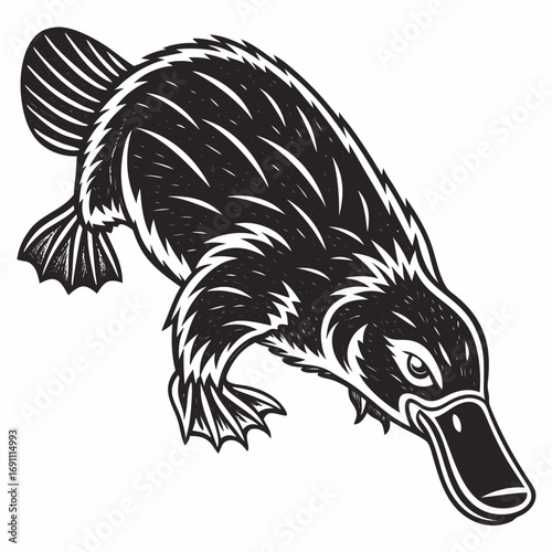 Stylized black and white illustration of a platypus in motion