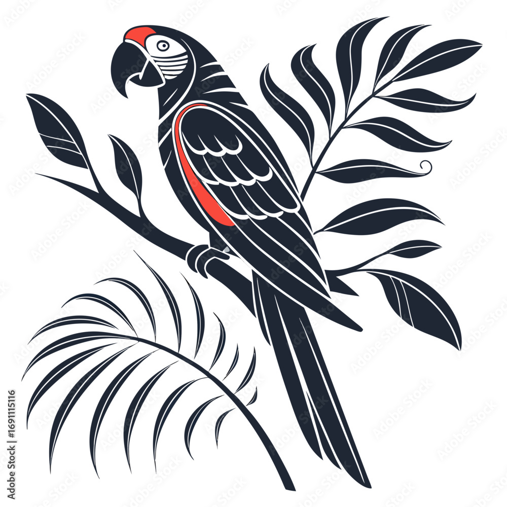Obraz premium Stylized dark blue macaw perched on a branch with tropical leaves