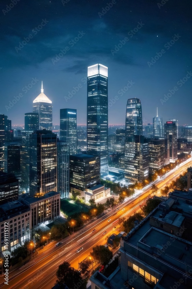Fototapeta premium 夜空に輝く光の軌跡 夜景の街並みと高層ビル群 道路を走る車のライトが幻想的な光跡を描く都会の夜