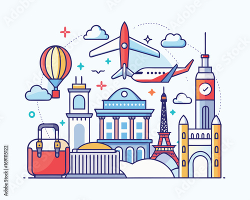 Vintage travel poster with airplane and suitcase illustration