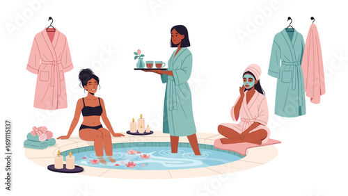 Three female scientists in lab coats conducting skincare research and development with magnifying glass and anatomical model demonstrating cosmetic science