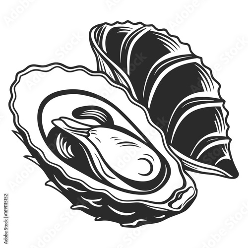 Stylized black and white illustration of an open oyster