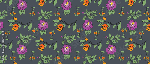Vector art of charming floral pattern with purple and orange roses and green leaves on a dark grey background, vintage aesthetic, ideal for textiles