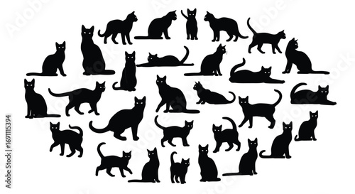 Diverse array of black cat silhouettes arranged in an oval shape, showcasing different postures and actions, isolated on a