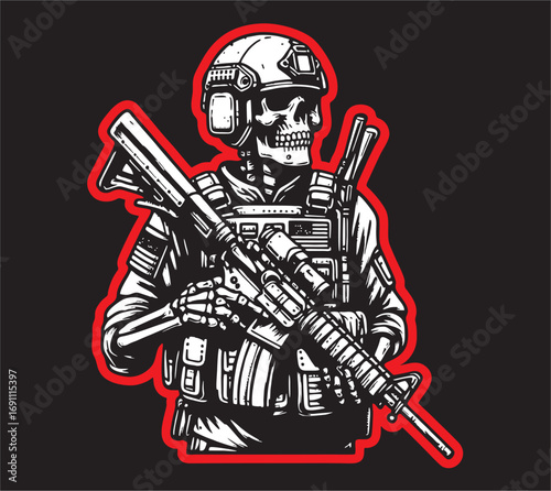 A Vector Illustration of Skull Army in black white line drawing