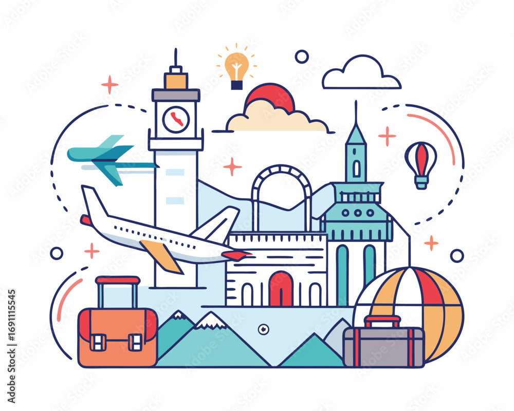 Naklejka premium Retro travel poster with airplane and suitcase illustration