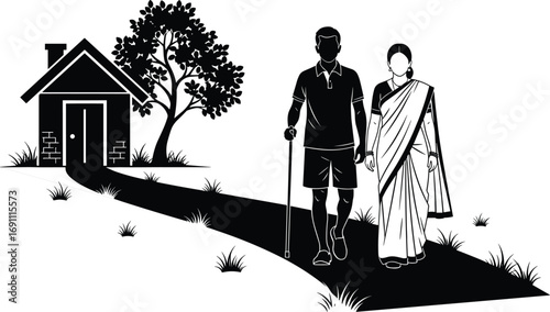 Rural couple walking on village path from house, traditional sari and casual wear, peaceful countryside lifestyle scene with tree and grass"